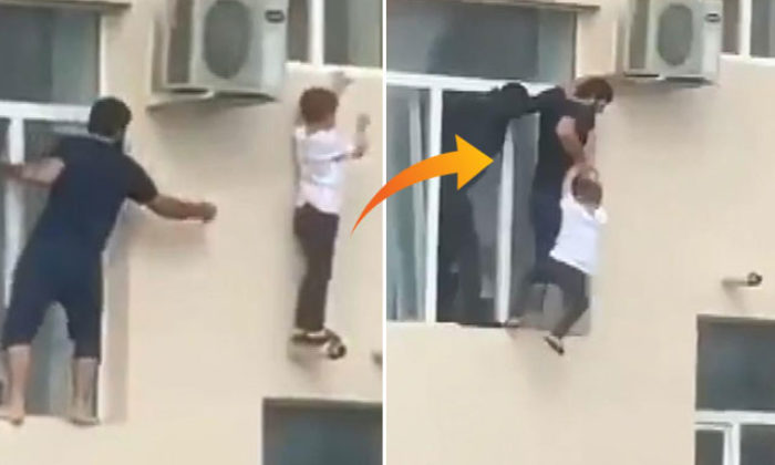 Sekizinci kattan düşmek üzere olan çocuğun imdadına komşusu yetişti