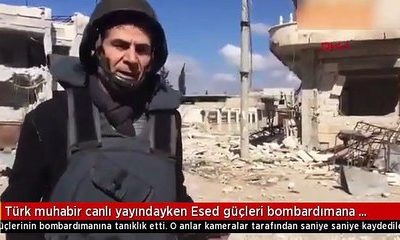 Türk muhabir canlı yayındayken Rejim bombardımana başladı!. (video haber)